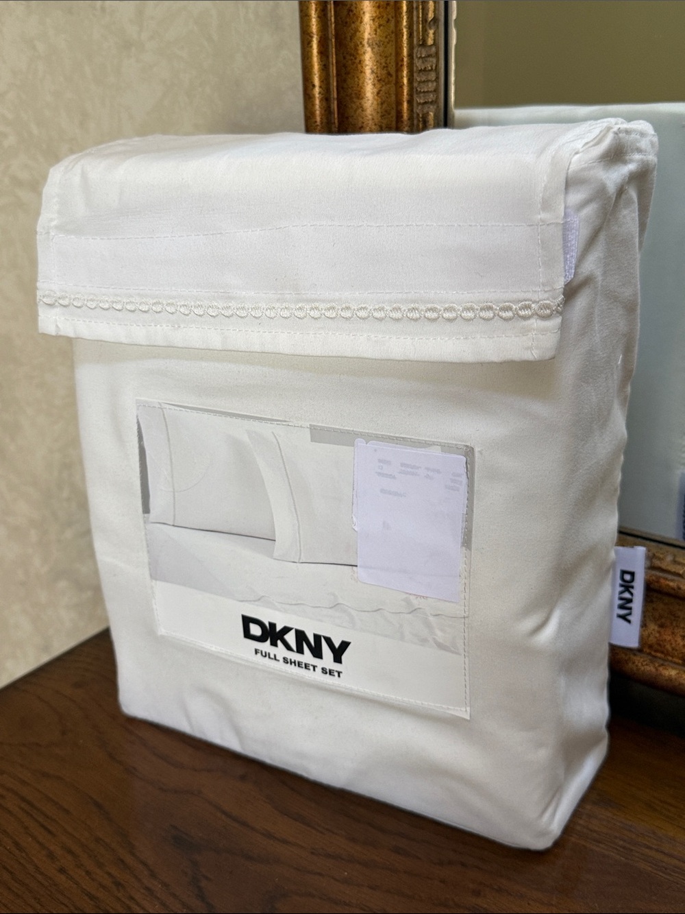 DKNY White Full Sheet Set with Decorative Stitching.